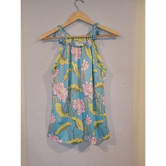 Gretchen Scott Aqua Blue Mystic Garden Floral Tassel Halter Tank Top‎ Size Small - Picture 1 of 7